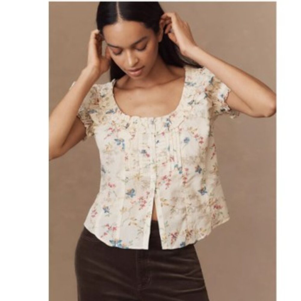 Anthropologie Pilcro Sheer Ruffle Puff-Sleeve Blouse Ivory Floral–Size Small-NWT - Picture 4 of 8